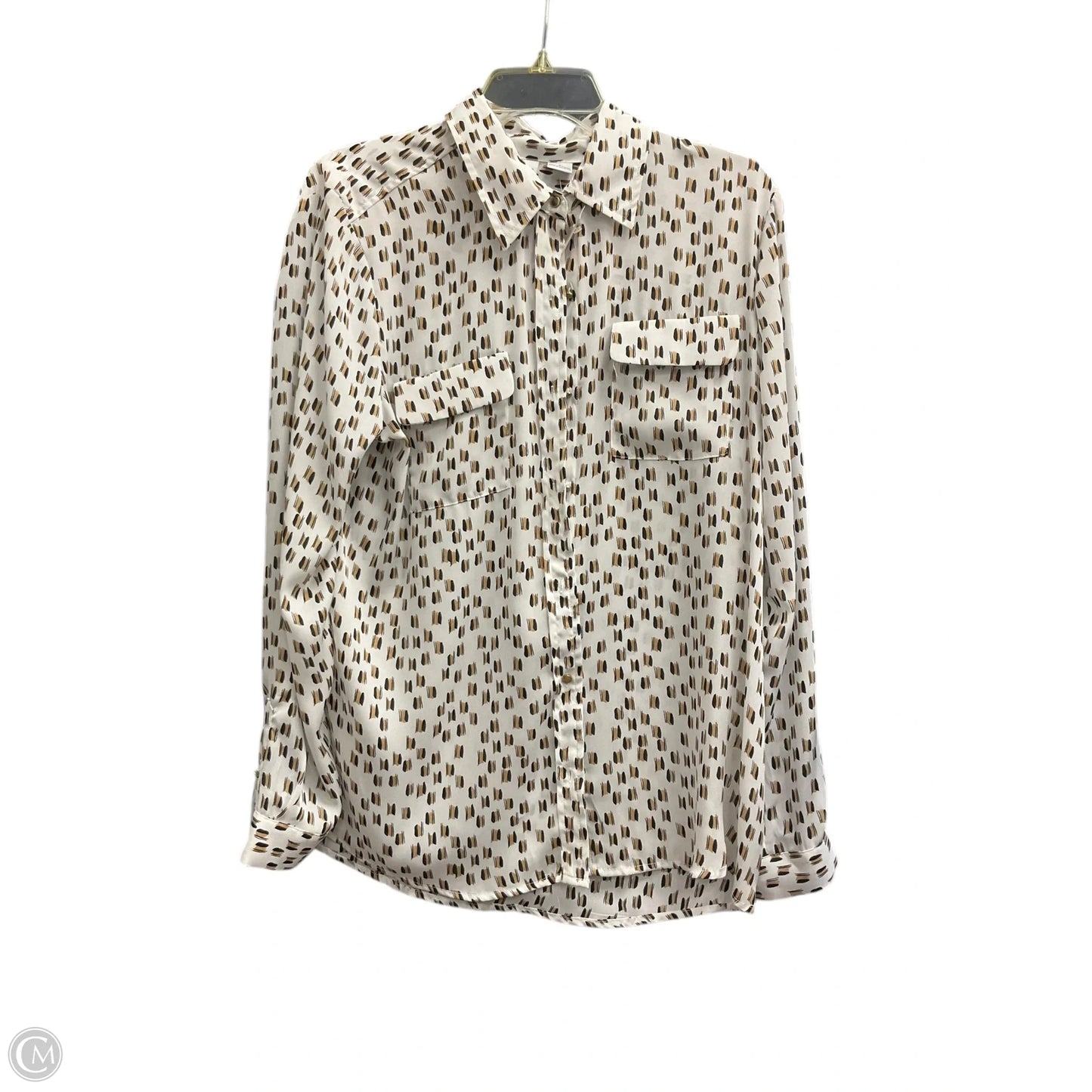 Blouse Long Sleeve By Liz Claiborne In Tan & White, Size: L