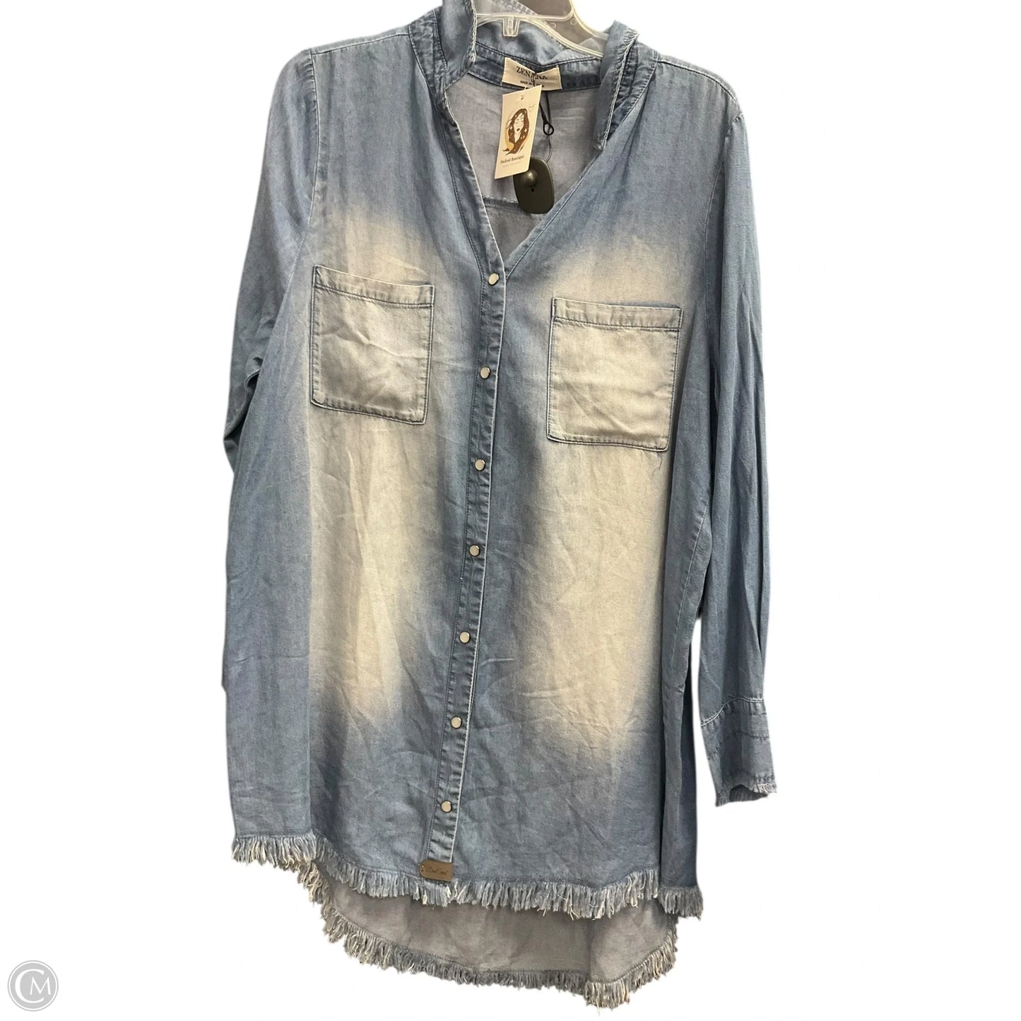 Blouse Long Sleeve By Zenana In Blue Denim, Size: L