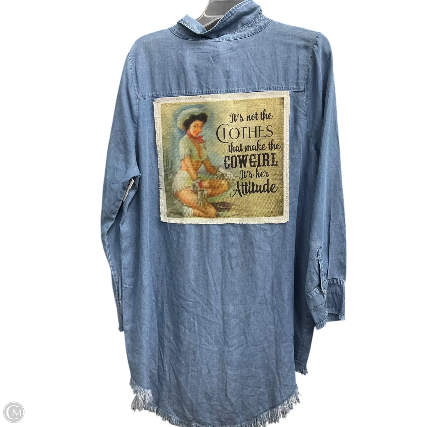 Blouse Long Sleeve By Zenana In Blue Denim, Size: L