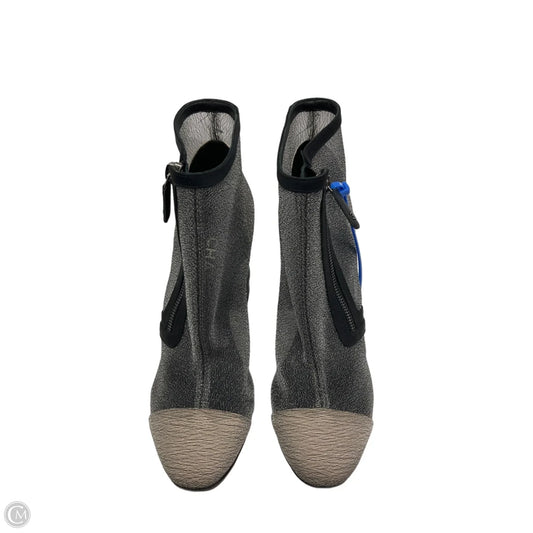Boots Luxury Designer By Chanel In Black & Silver, Size: 7.5