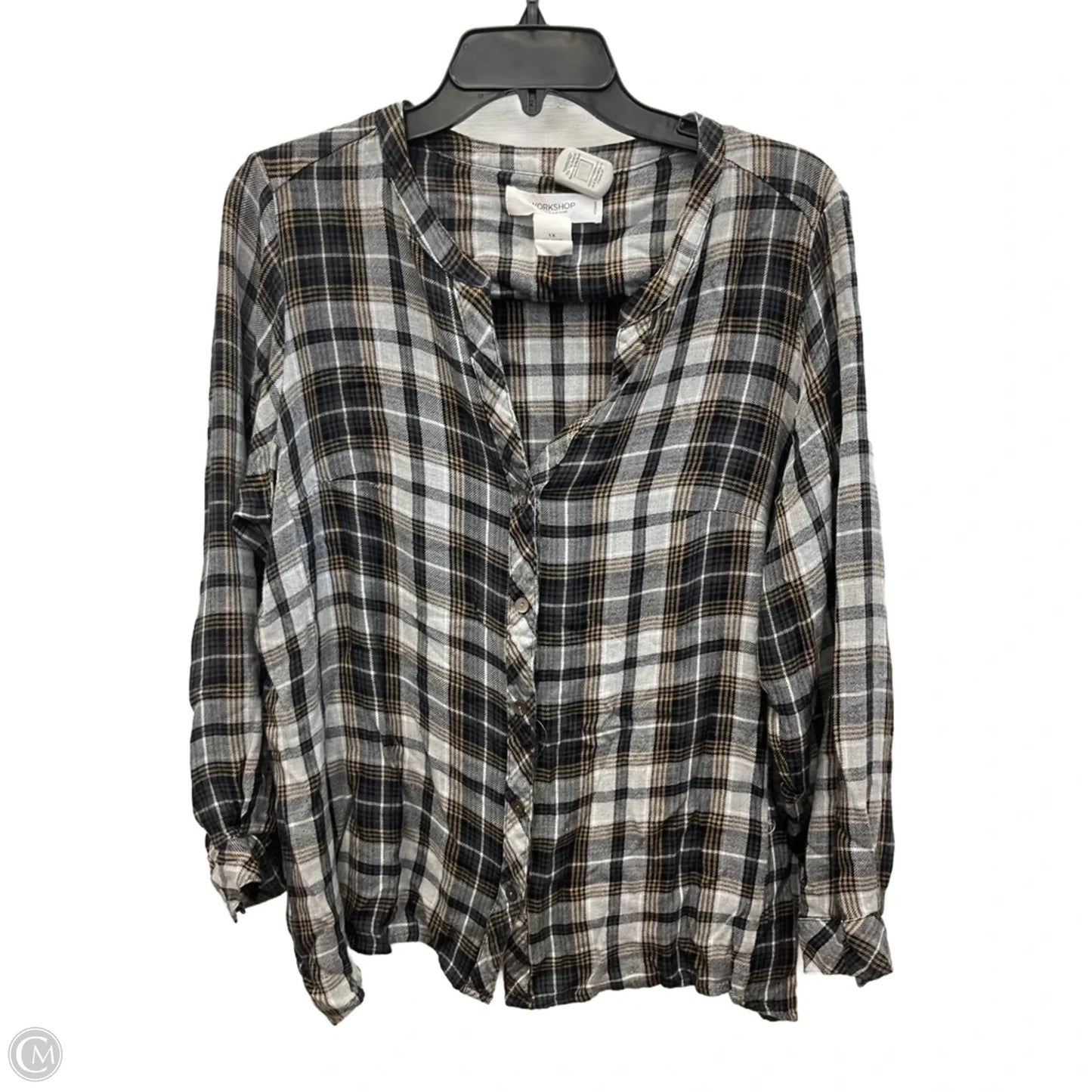 Top Long Sleeve By Workshop In Black & Grey, Size: 1x