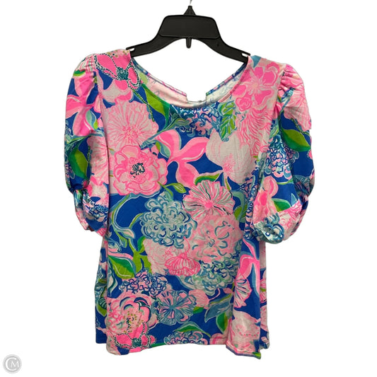 Top Short Sleeve Designer By Lilly Pulitzer In Blue & Pink, Size: L